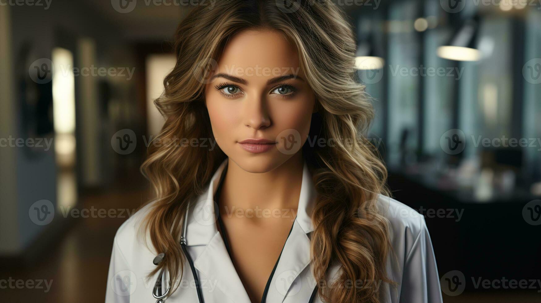 Young Smiling Female Doctor in White Lab Coat with Stethoscope - Medical Professional in a Hospital Setting, Ai generative photo