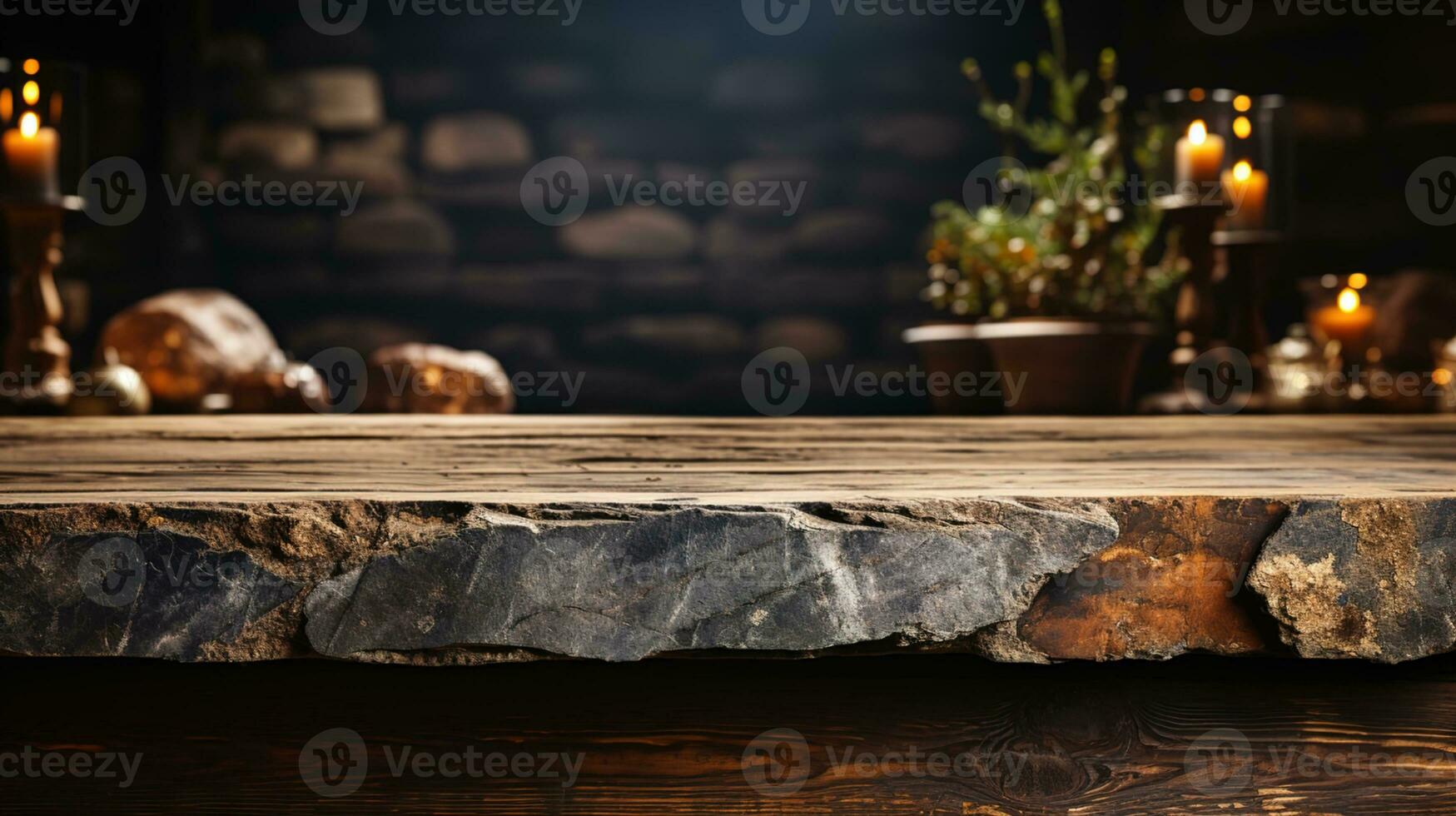 un frente ver de un oscuro gris, vacío Roca mesa con un borroso oscuro rock pared fondo, sirve como un blanco Roca mesa Bosquejo para producto colocación, ai generativo foto