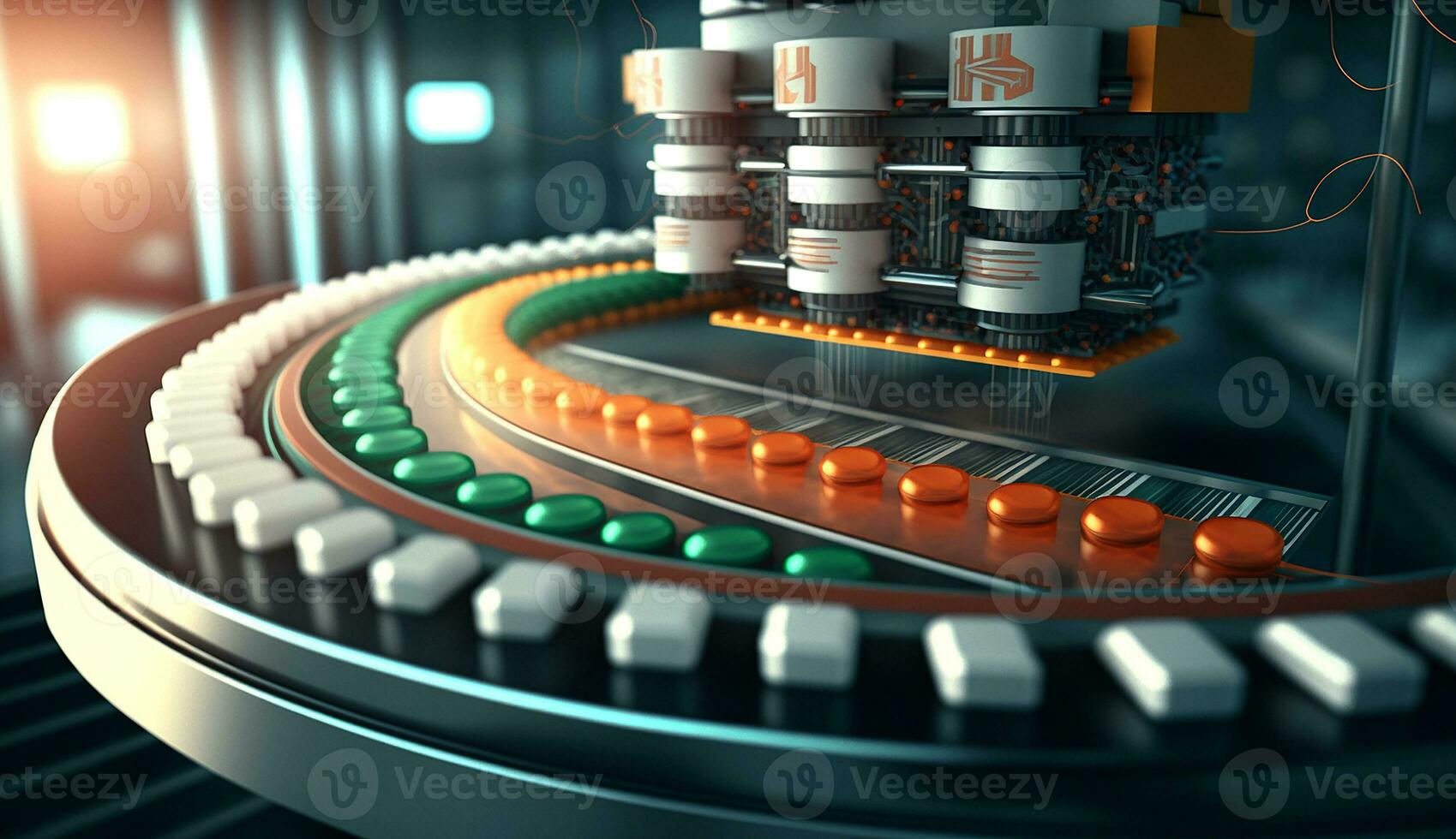 pastillas en transportador en farmacéutico de la industria fábrica, generativo ai foto
