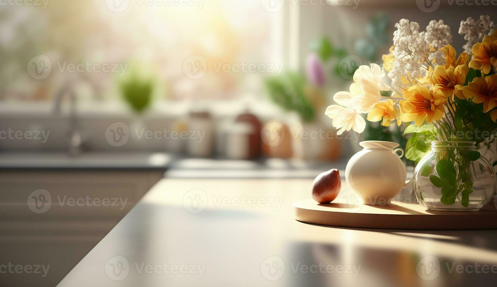 Empty kitchen counter worktop for product display. White flowers vase. Generative a photo