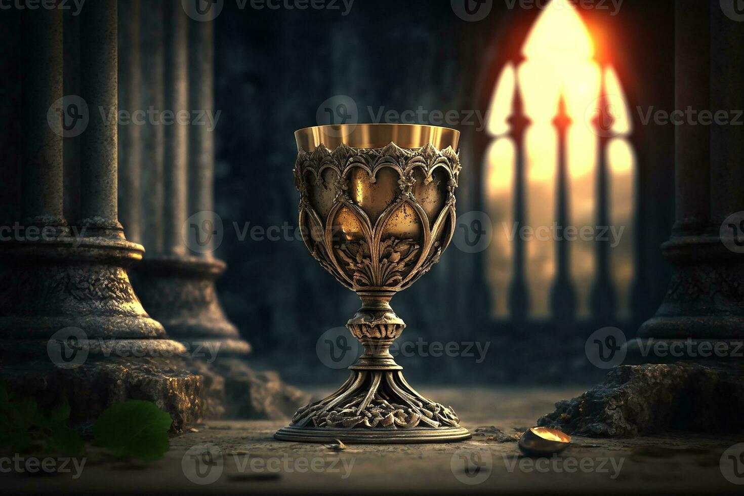 Golden chalice of wine on blurred sunlight curch background. Generative AI. photo