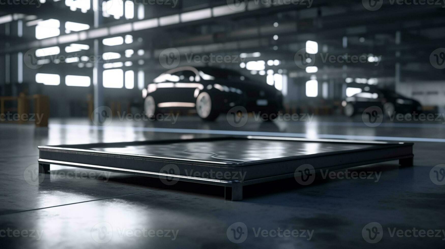 Empty metal platform for displaying products, blurred car workshop in background. Generative AI photo