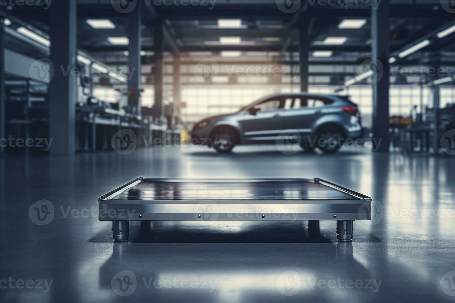 Empty metal platform for displaying products, blurred car workshop in background. Generative AI photo