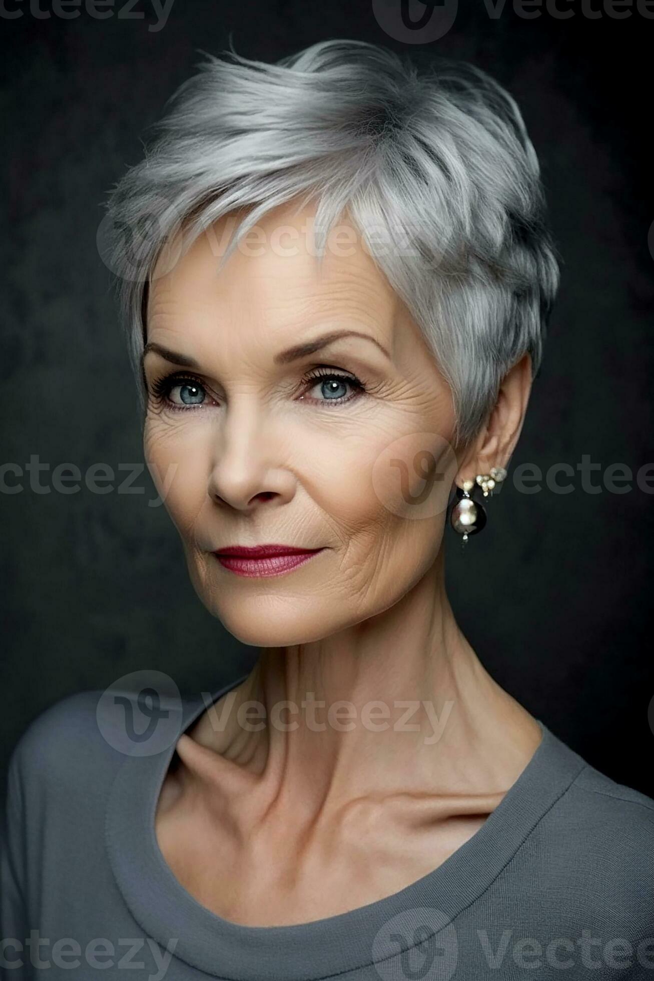 Elegant middle aged woman with fashion short haircut. Generative AI