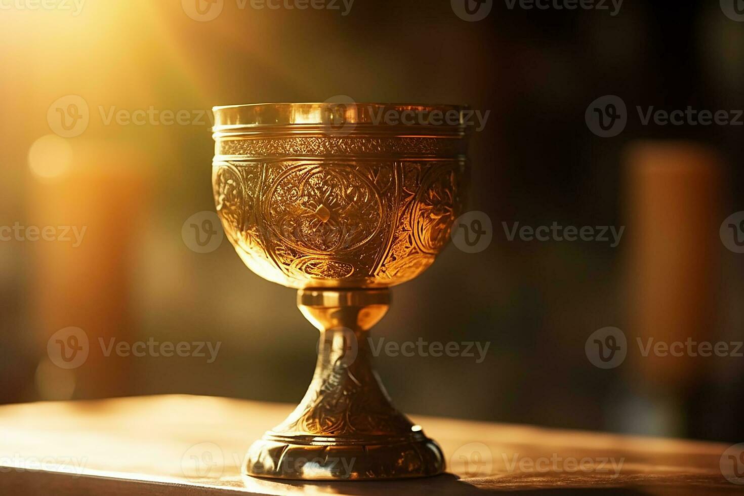 Golden chalice of wine on blurred sunlight curch background. Generative AI. photo