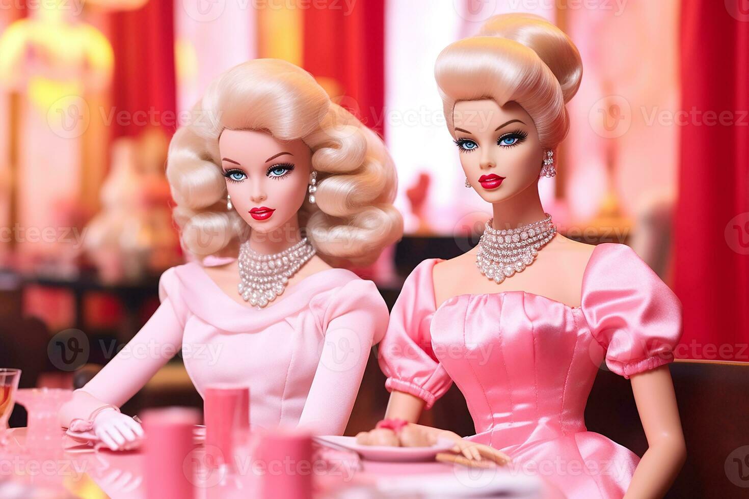 Two dolls blonde girls at a table in a restaurant with a pink interior, generative ai photo