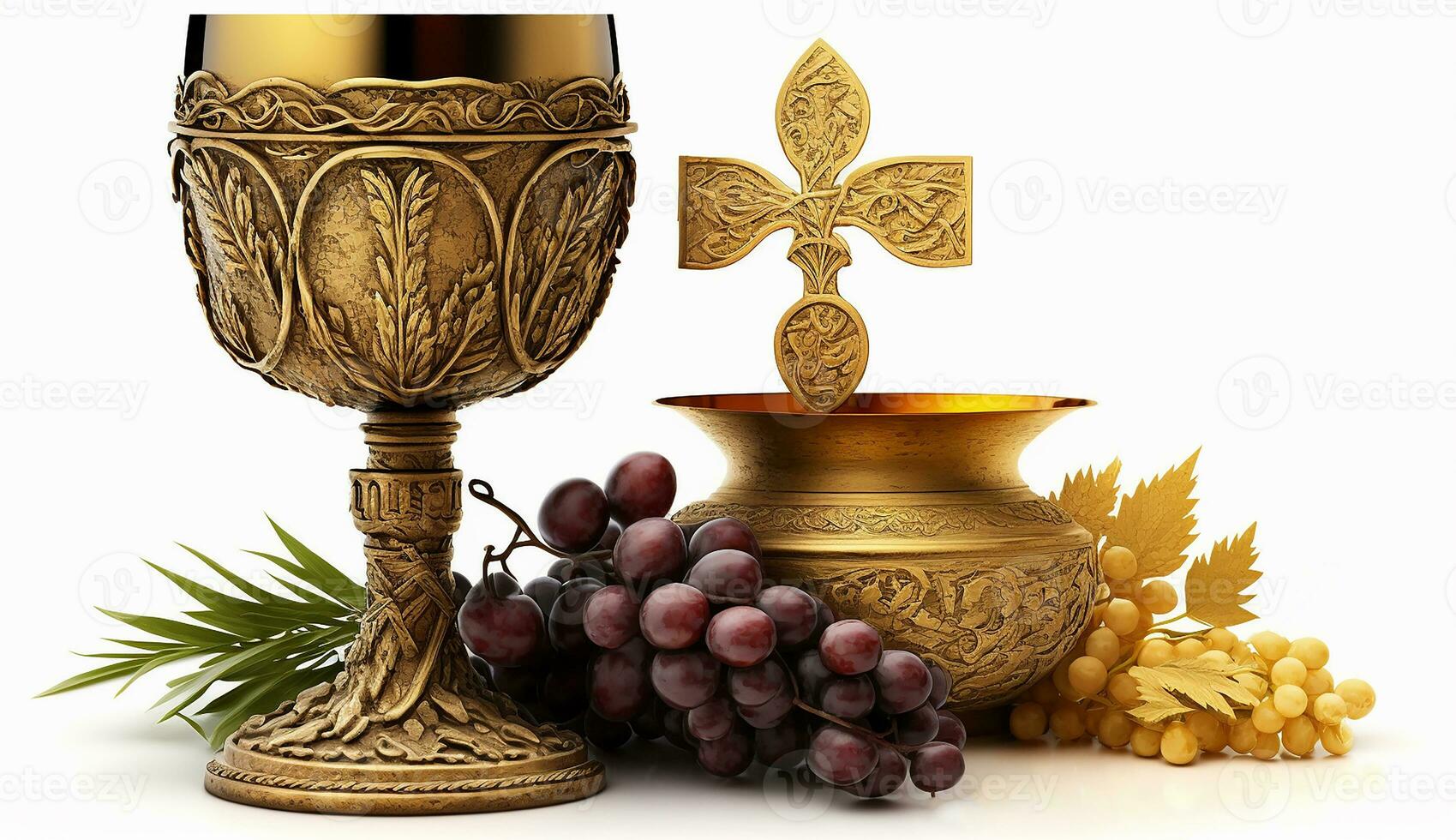 santo comunión. un cáliz de vino, pan, uvas y orejas de trigo en blanco. generativo ai foto