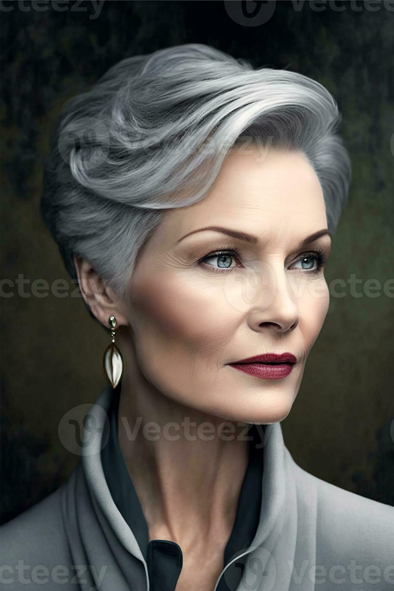 Elegant middle aged woman with fashion short haircut. Generative AI