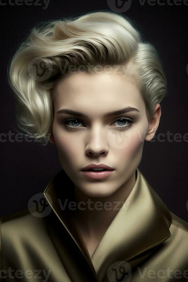 Elegant middle aged woman with fashion short haircut. Generative AI photo