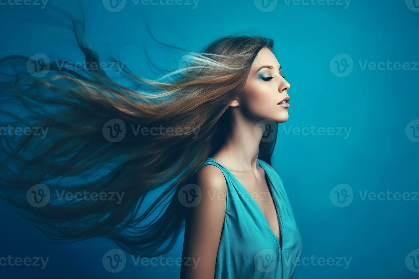 Portrait of young sensual woman with wind in long hair on blue studio background, generative AI photo