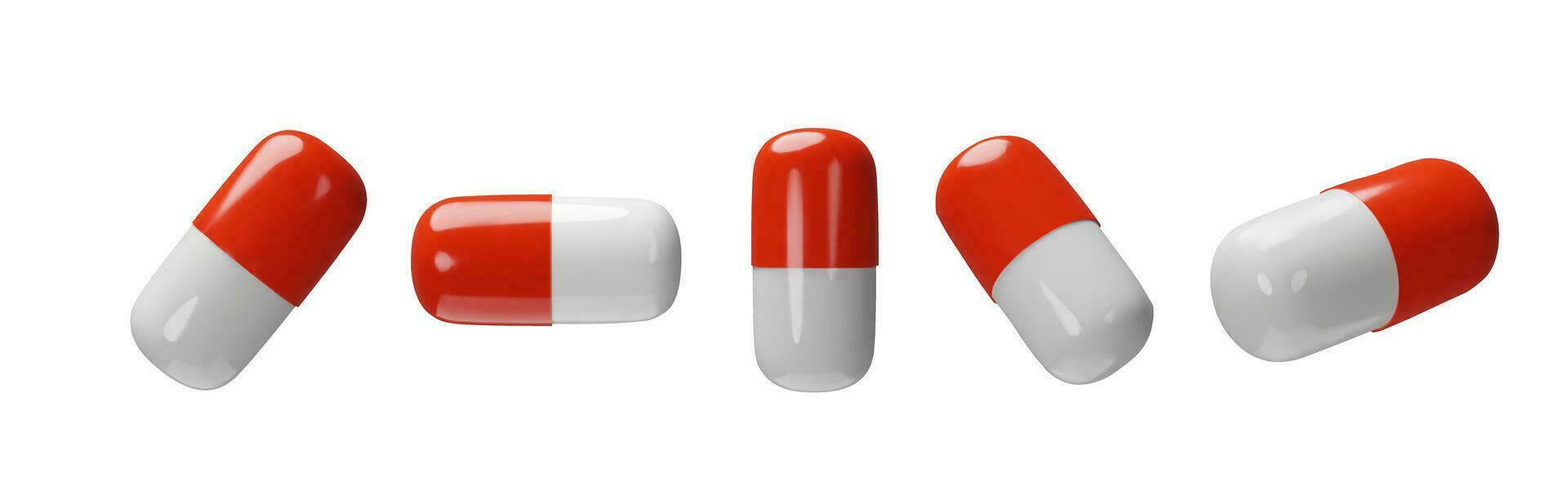 Set 3D render long red pills. Realistic plastic treatment. Medicine care tablet. Pharmacy chemical cure, drug, antibiotic, vitamin, painkiller. Vector illustration about health in plastic style