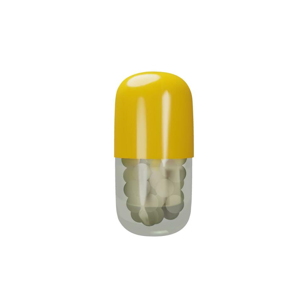 3D render long vertical yellow pill. Realistic plastic treatment. Medicine care tablet. Pharmacy chemical cure, drug, antibiotic, vitamin, painkiller. Vector illustration about health in plastic style
