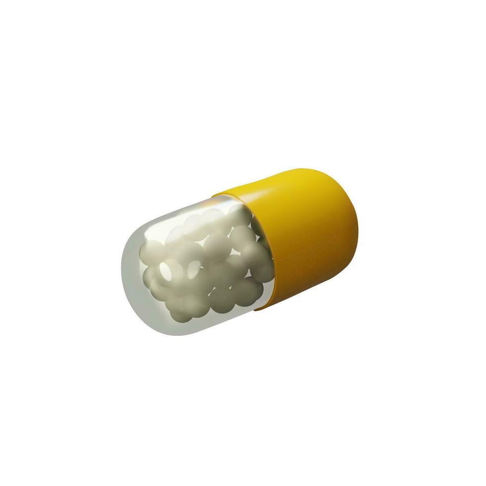 3D render long angle yellow pill. Realistic plastic treatment. Medicine care tablet. Pharmacy chemical cure, drug, antibiotic, vitamin, painkiller. Vector illustration about health in plastic style