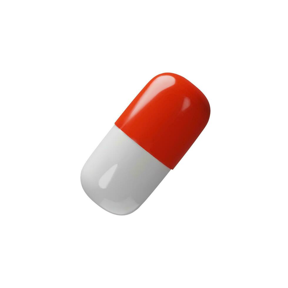 3D render long angle red pill. Realistic plastic treatment. Medicine care tablet. Pharmacy chemical cure, drug, antibiotic, vitamin, painkiller. Vector illustration about health in plastic style