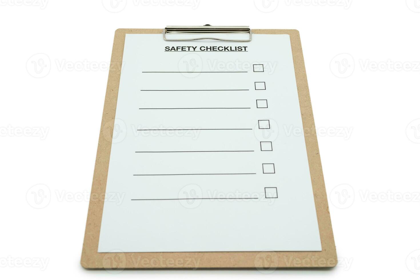 Real photo, wooden clipboard with blank Safety Checklist for text template, isolated on white background. photo
