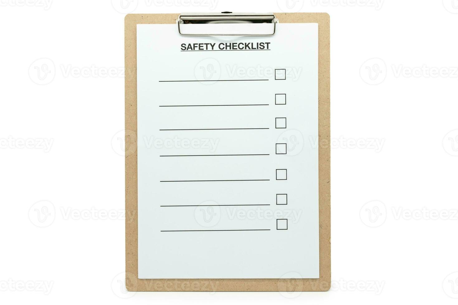 Real photo, wooden clipboard with blank Safety Checklist for text template, isolated on white background. photo