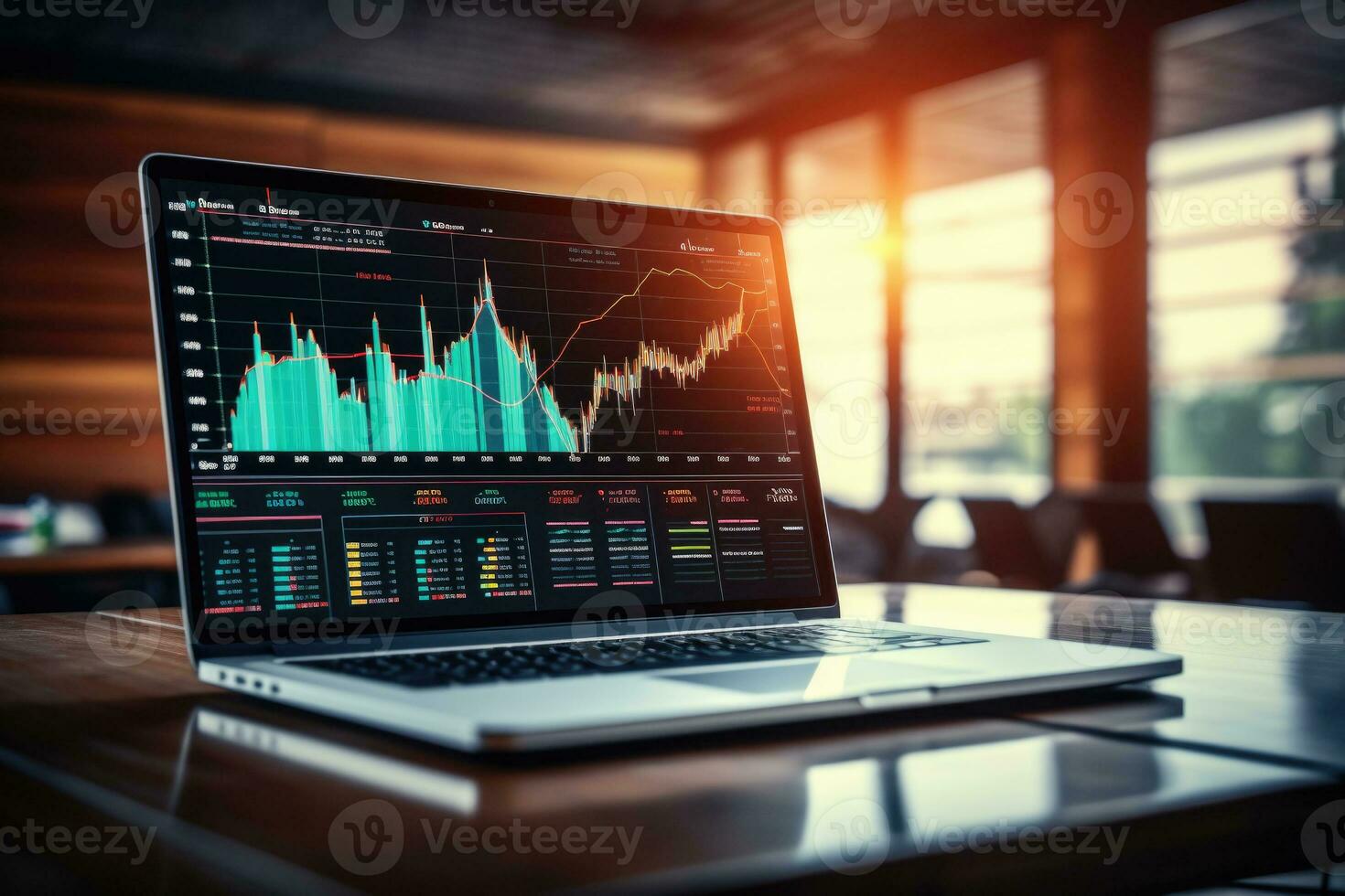 Laptop with financial markets analysis on screen. Generative AI photo