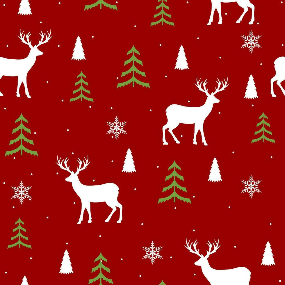 Deer winter seamless pattern. Christmas seamless pattern with deers, winter trees and snowflakes vector