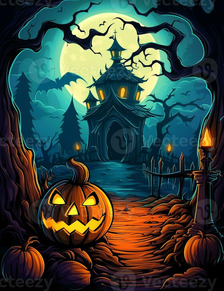 Cartoon Halloween spooky house. Illustrations of a Spooky House for Halloween. Fairytale and fantasy design.  AI Generated. photo
