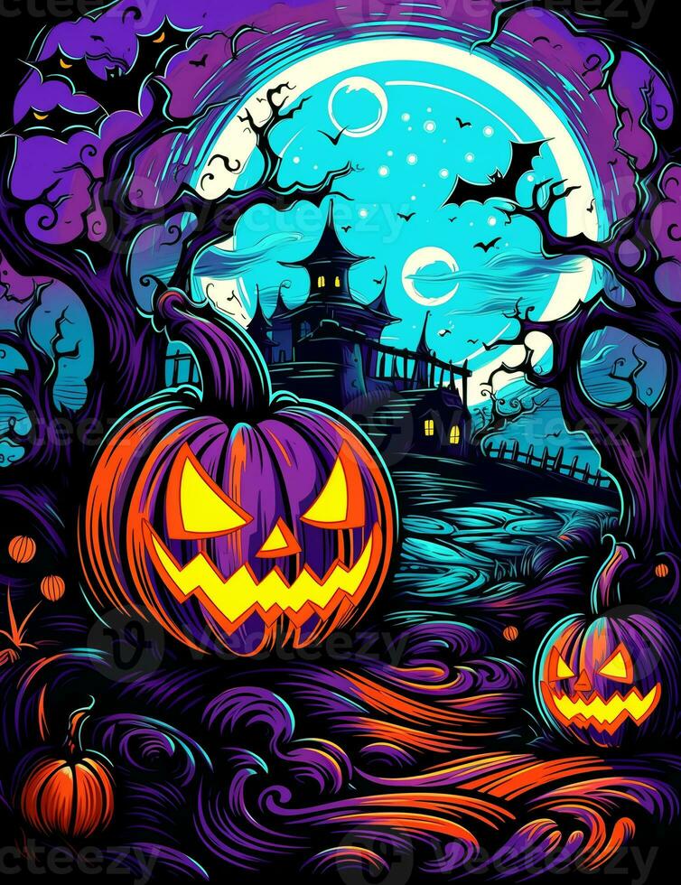 Cartoon Halloween spooky house. Illustrations of a Spooky House for Halloween. Fairytale and fantasy design.  AI Generated. photo