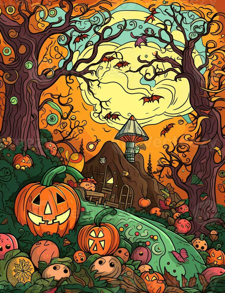 Cartoon Halloween spooky house. Illustrations of a Spooky House for Halloween. Fairytale and fantasy design.  AI Generated. photo