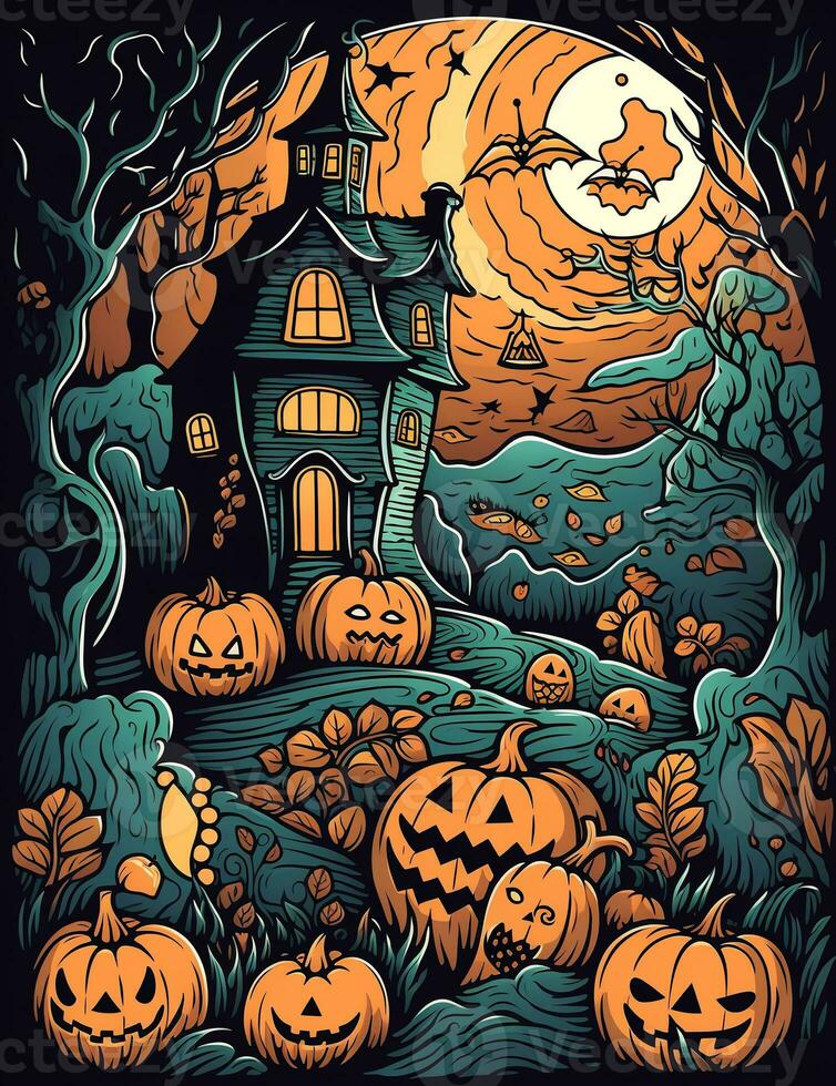 Cartoon Halloween spooky house. Illustrations of a Spooky House for Halloween. Fairytale and fantasy design.  AI Generated. photo