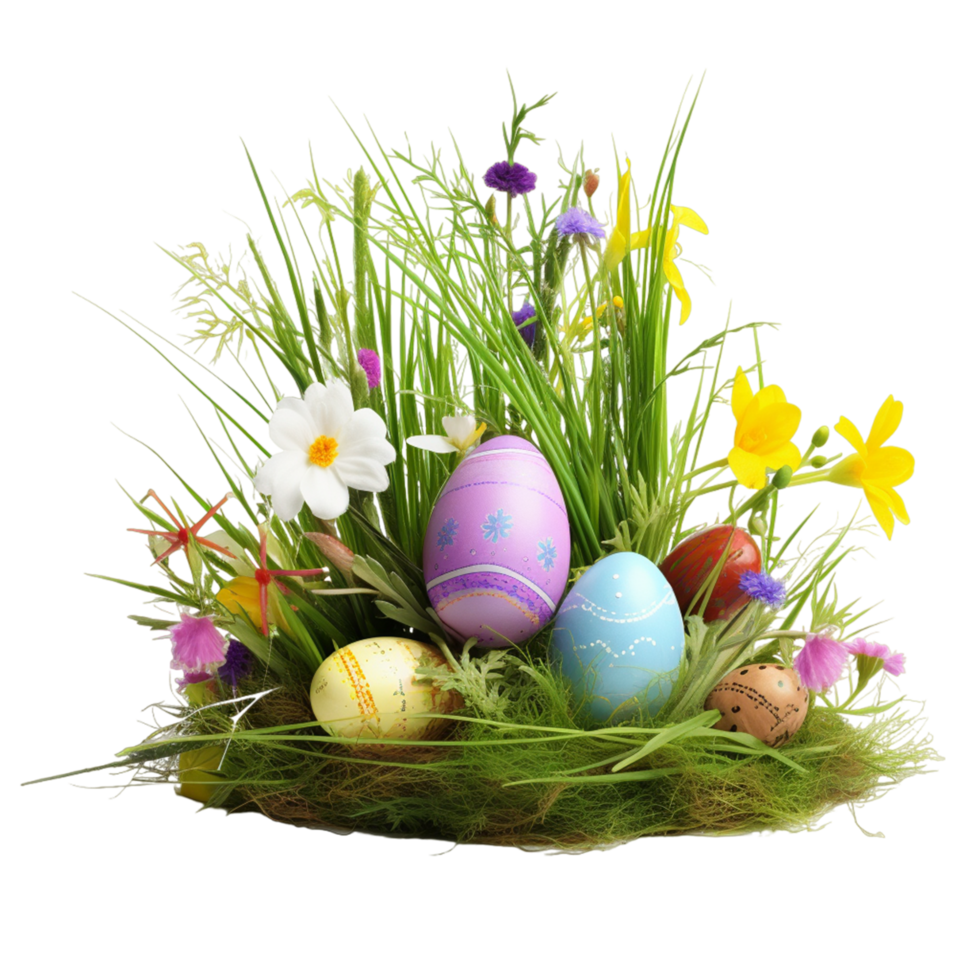 colorful Easter eggs with grass and flowers ai generative png