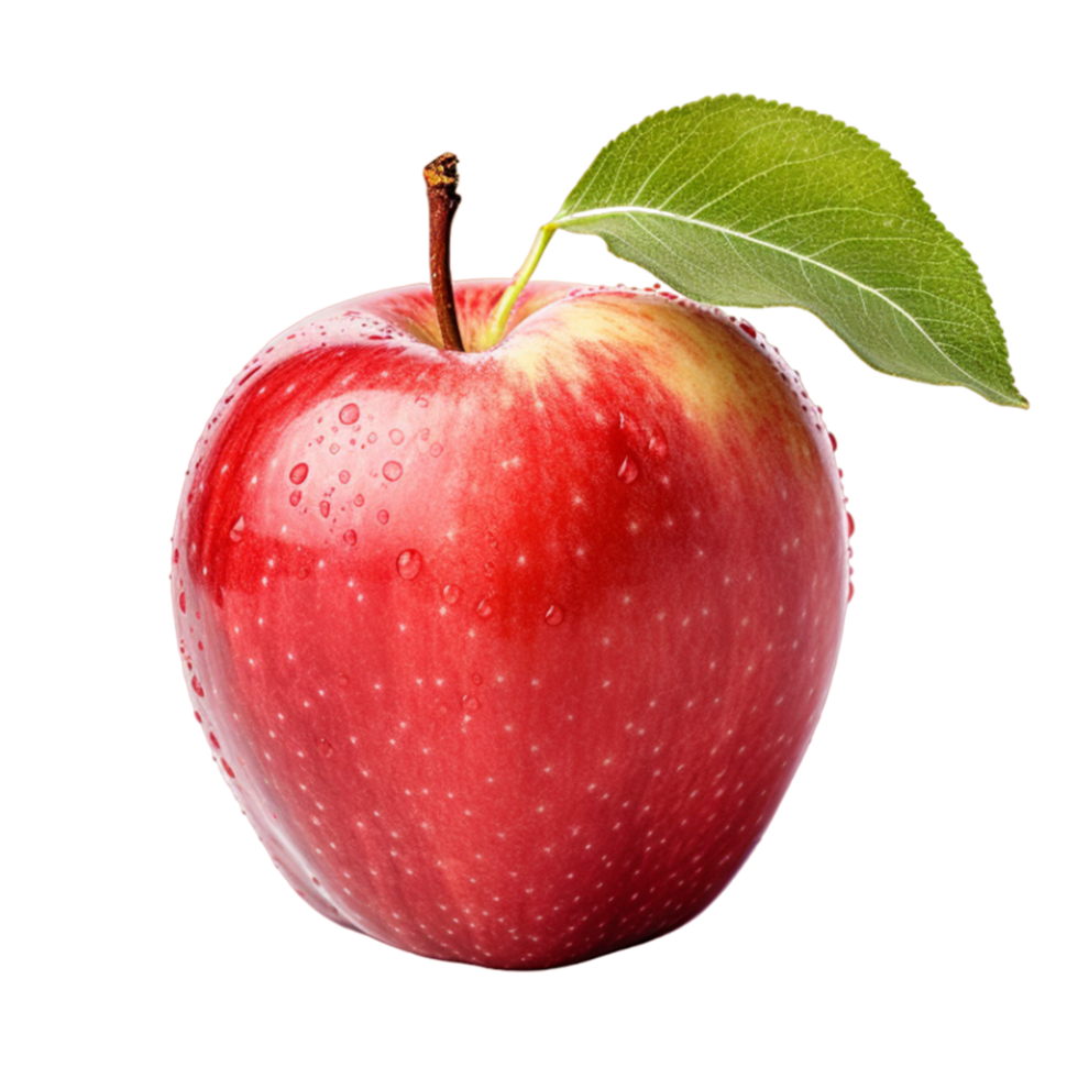 A fresh red apple with green leaves ai generative png