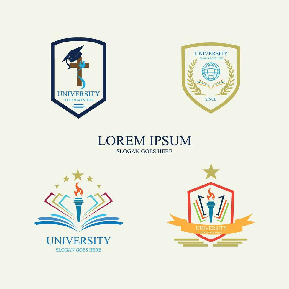 University and academy vector icons. Emblems or shields set for high school education graduates in maritime science, or law. Ribbons and badges of bachelor hat, laurel wreath, Vector Logo Template