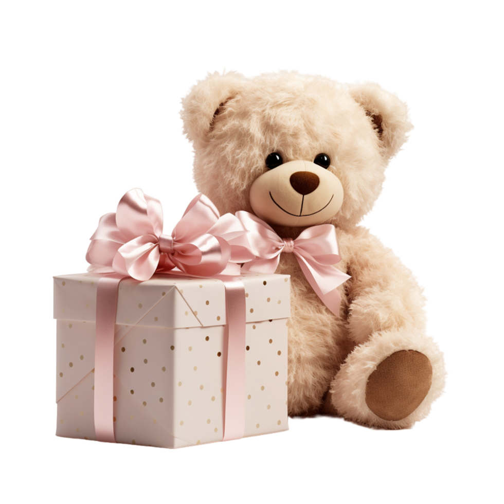 linda osito de peluche oso con rosado regalo caja ai generativo png