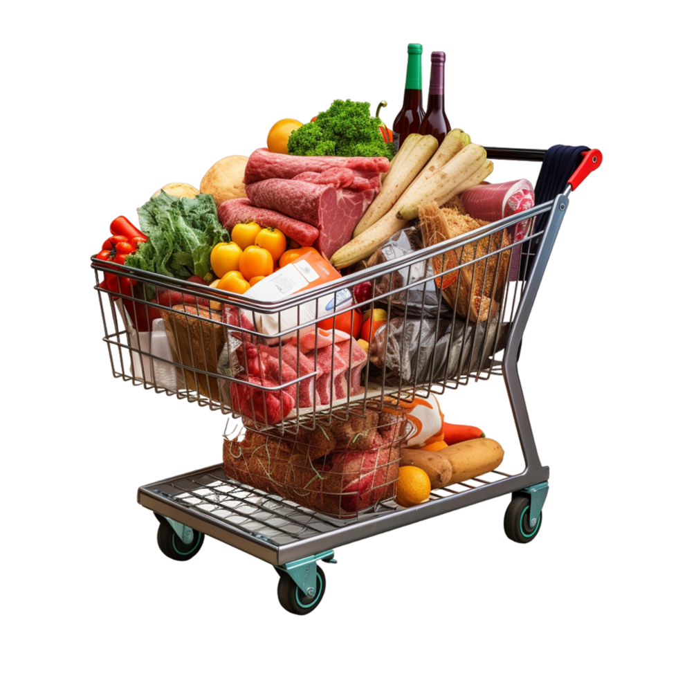 Supermarket goods in a shopping cart cutout ai generative png