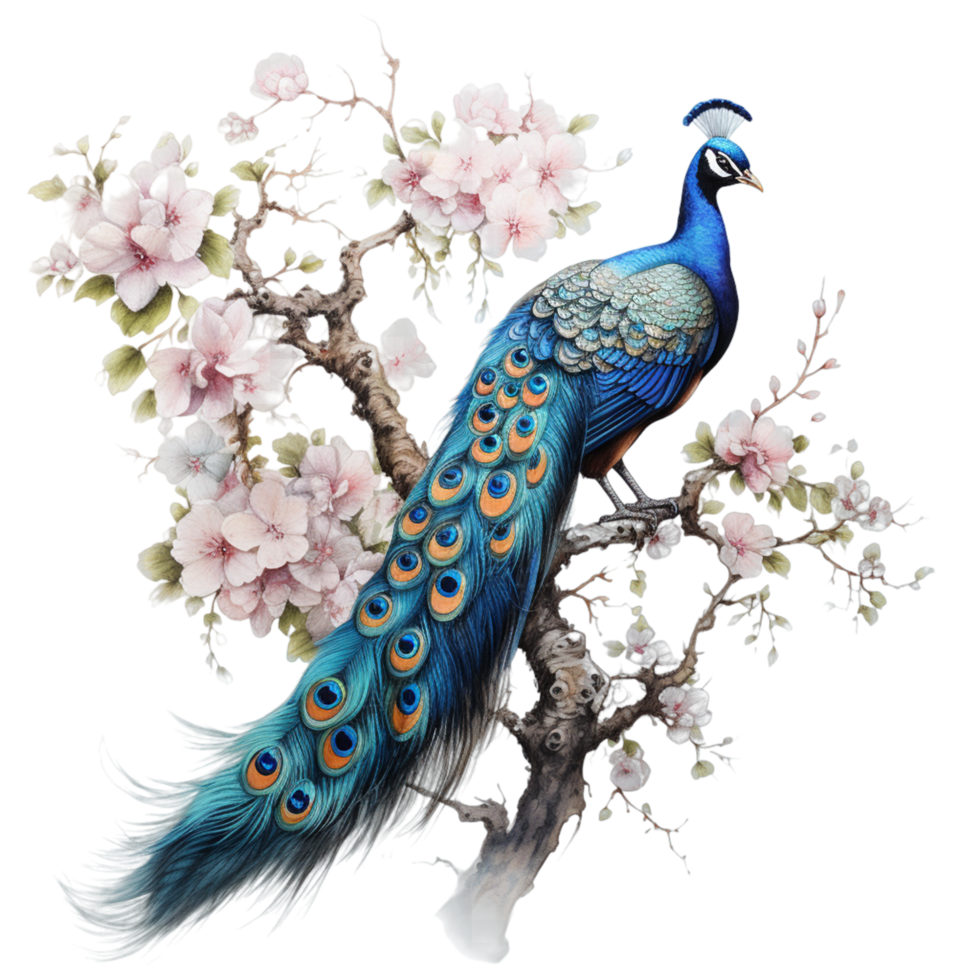 A peacock sitting on a tree branch with flowers ai generative png