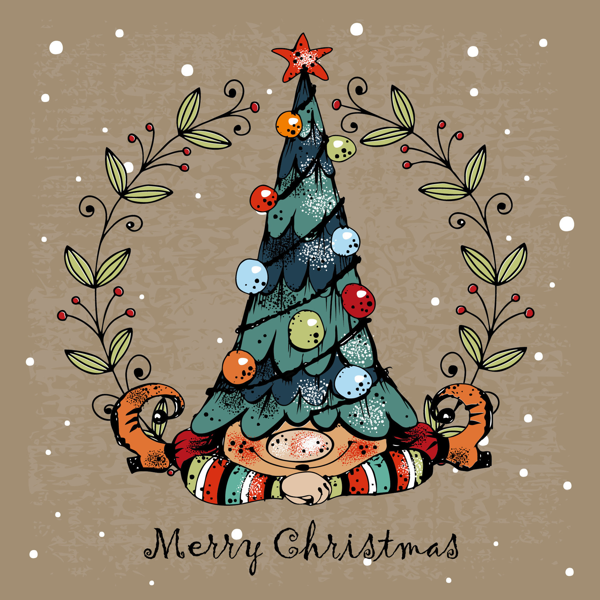 Merry Christmas greeting card. Cute Christmas gnome with gifts in