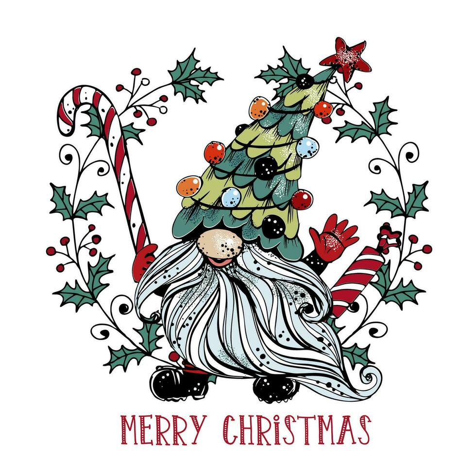 Merry Christmas greeting card. Cute Christmas gnome with gifts in   Vector. vector