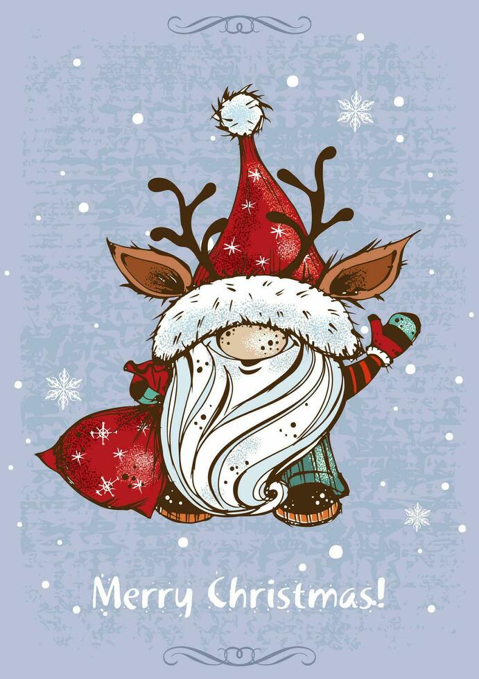 Cute Christmas gnome with gifts in  Greeting card. Vector. vector