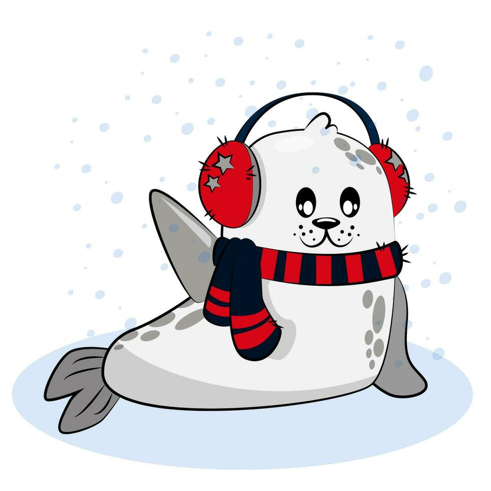 Vector cartoon cute christmas seal on winter day