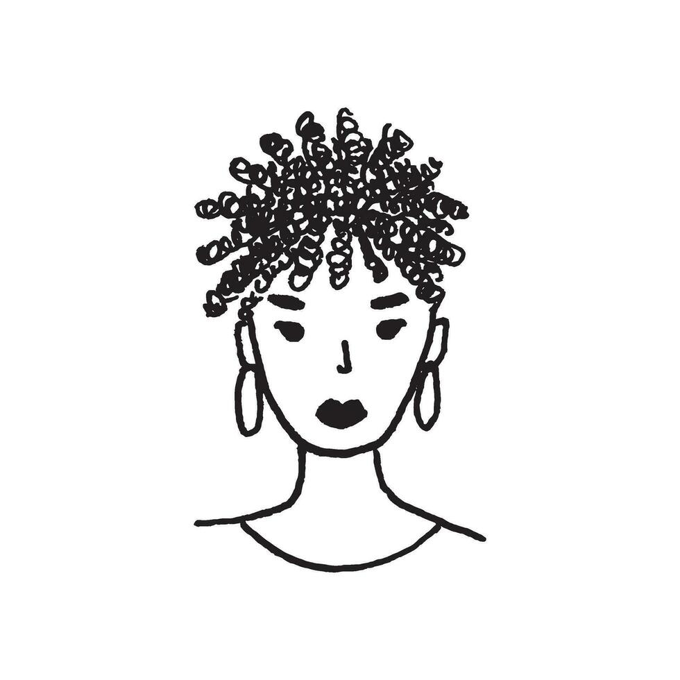 Hand drawing of cute face girl. Black and white minimal style doodle. vector