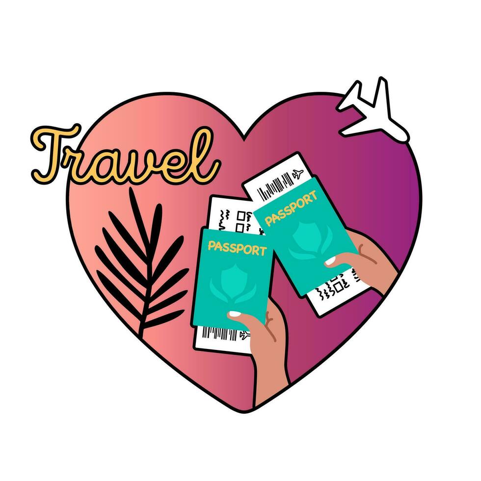 Icon, label heart shape to the love of travel. Illustration of hands holding passports and tickets, airplane icon in cartoon flat style. vector