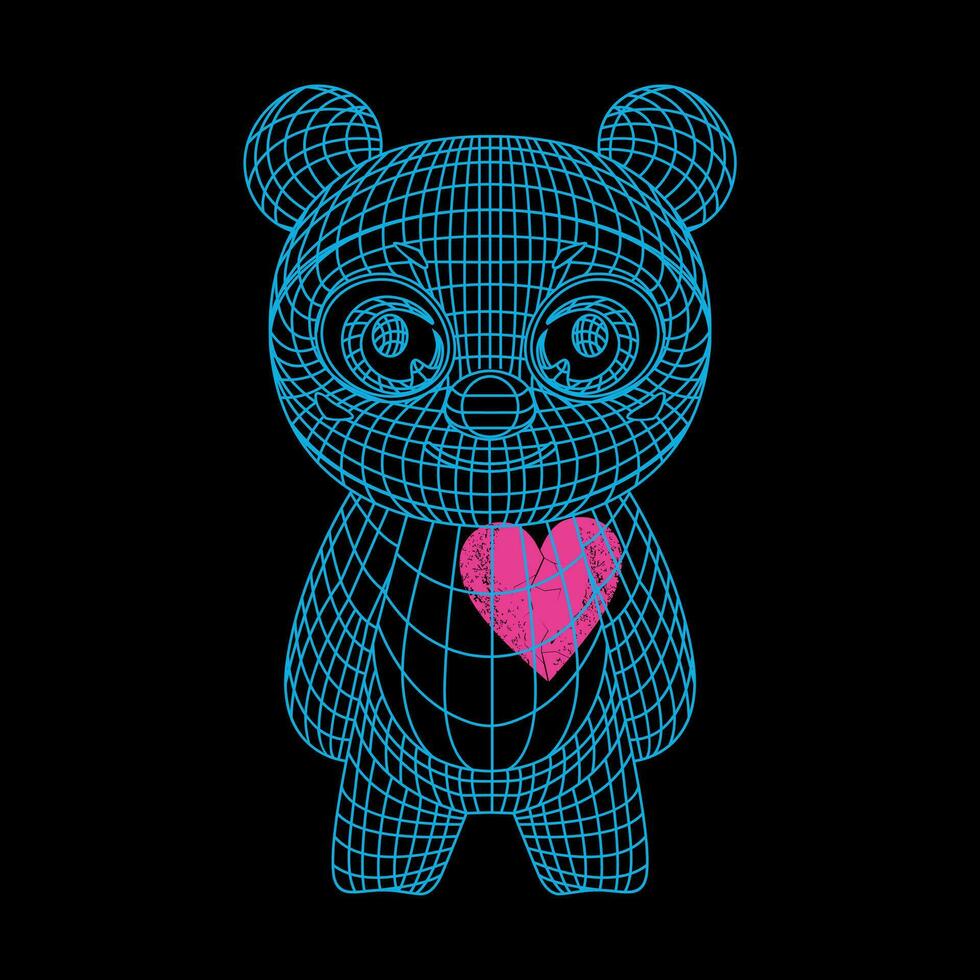 T-shirt design of a bear with a pink heart isolated on black. Vector illustration for Valentine's Day.