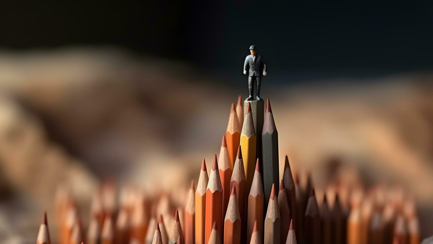 Businessman standing on top of pencils. Leadership, uniqueness, think different, teamwork business success. generative ai photo
