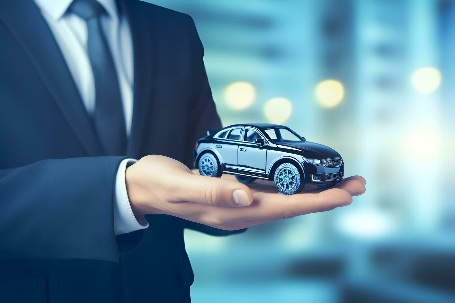 businessman holding car. business rent for car concept. generative ai photo