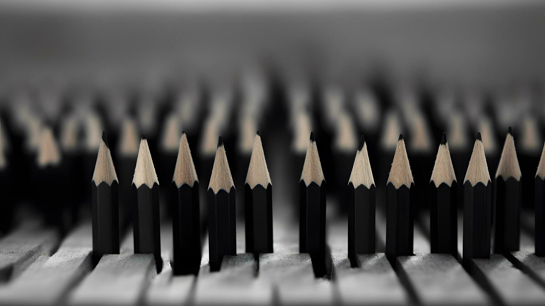 wooden pencils row on blurry pencils background. education and business concept. working together. teamwork composition. generative ai photo