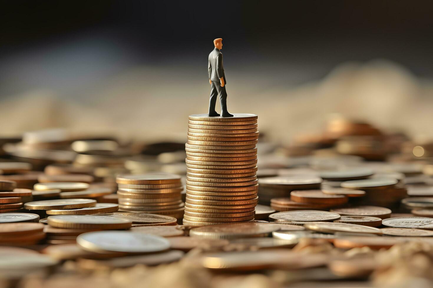 Businessman standing on stack coin money. saving money concept. earring and growing money. generative ai photo