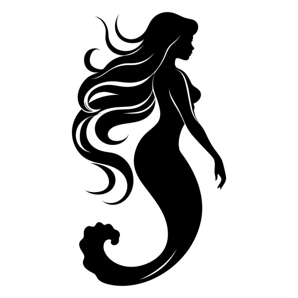 Cute mermaid black silhouette vector