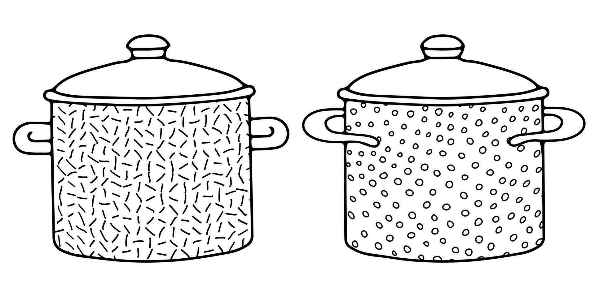 Sketch image of kitchen tableware, pan, pot, saucepan. Doodles of dishes, crockery, utensils, dinnerware, kitchenware vector