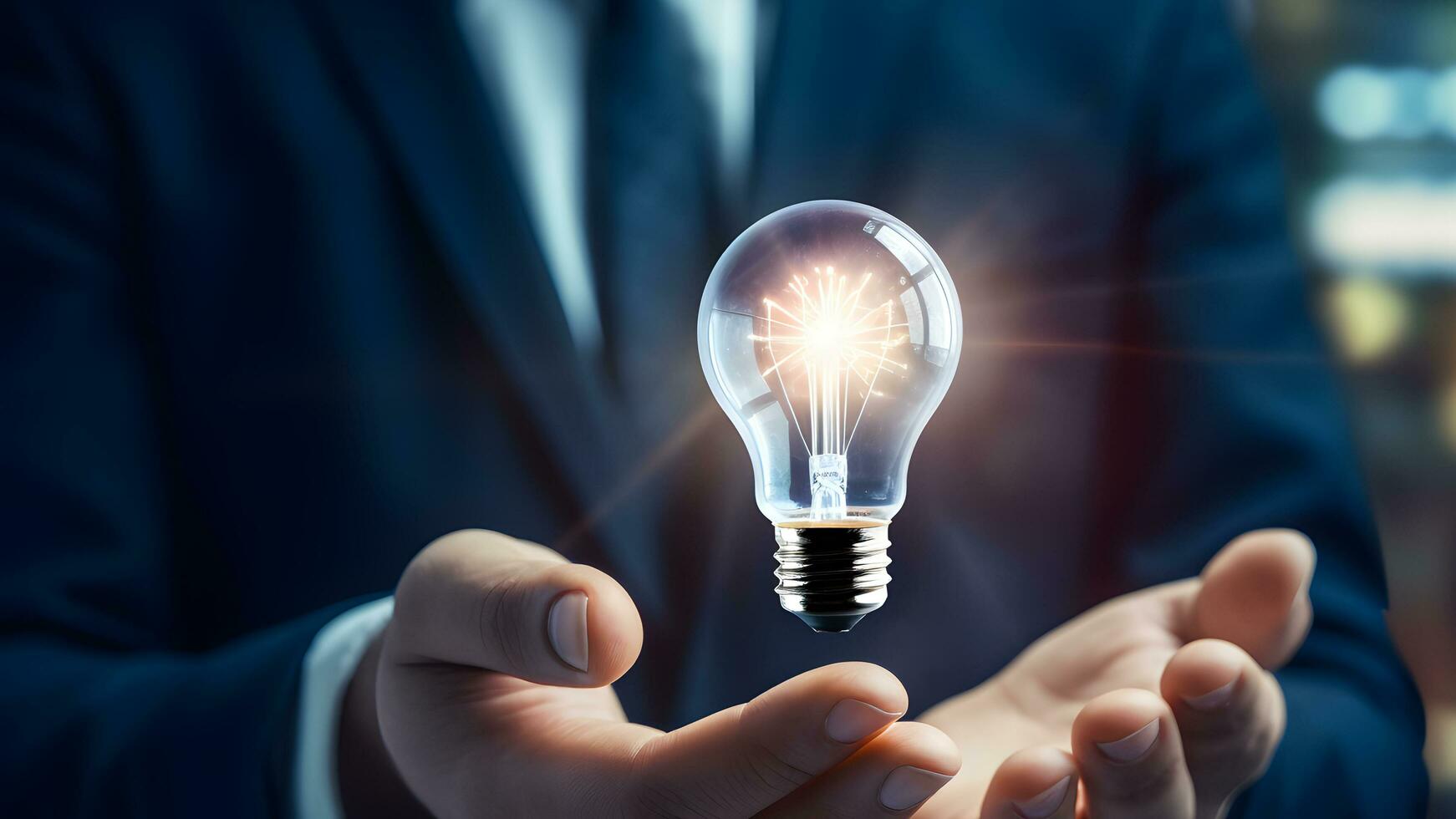 businessman holding light bulb. energy and idea concept. generative ai photo