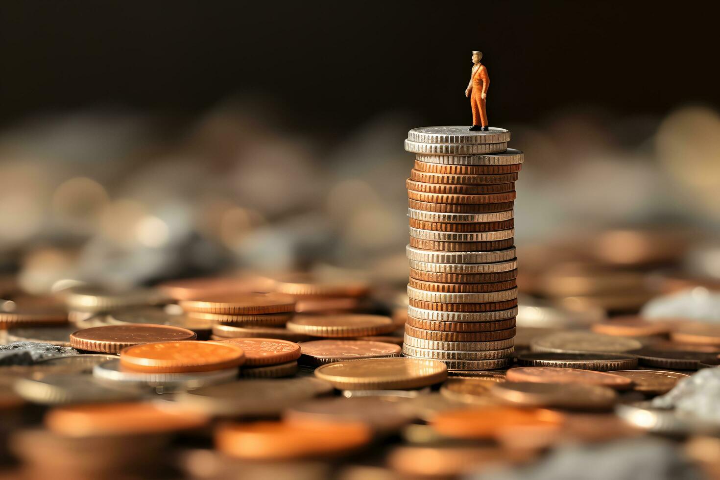 Businessman standing on stack coin money. saving money concept. earring and growing money. generative ai photo