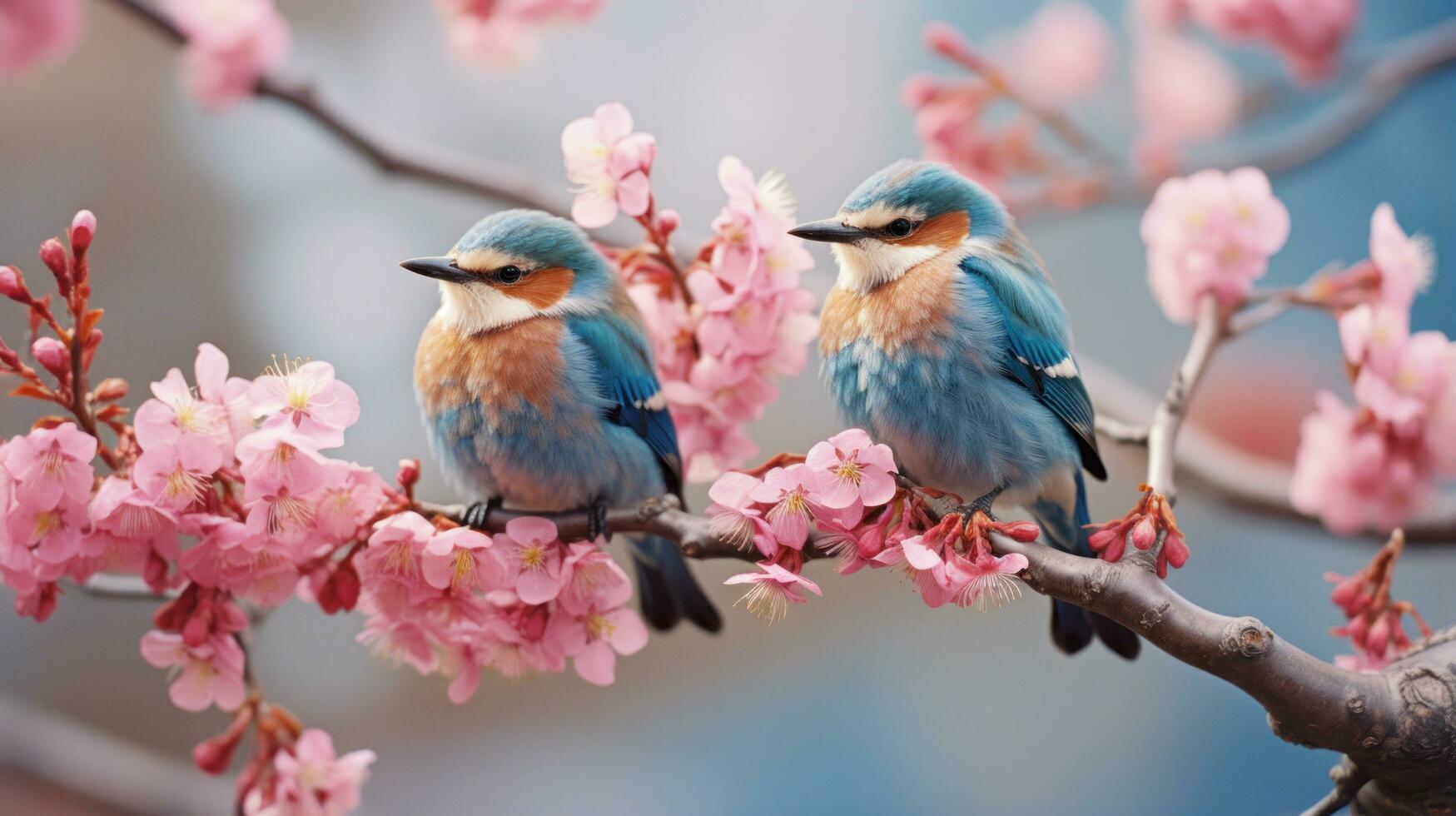 A trio of birds perched on a branch adorned with delicate pink flowers Kodak Portra 400 , large copyspace area, offcenter composition photo