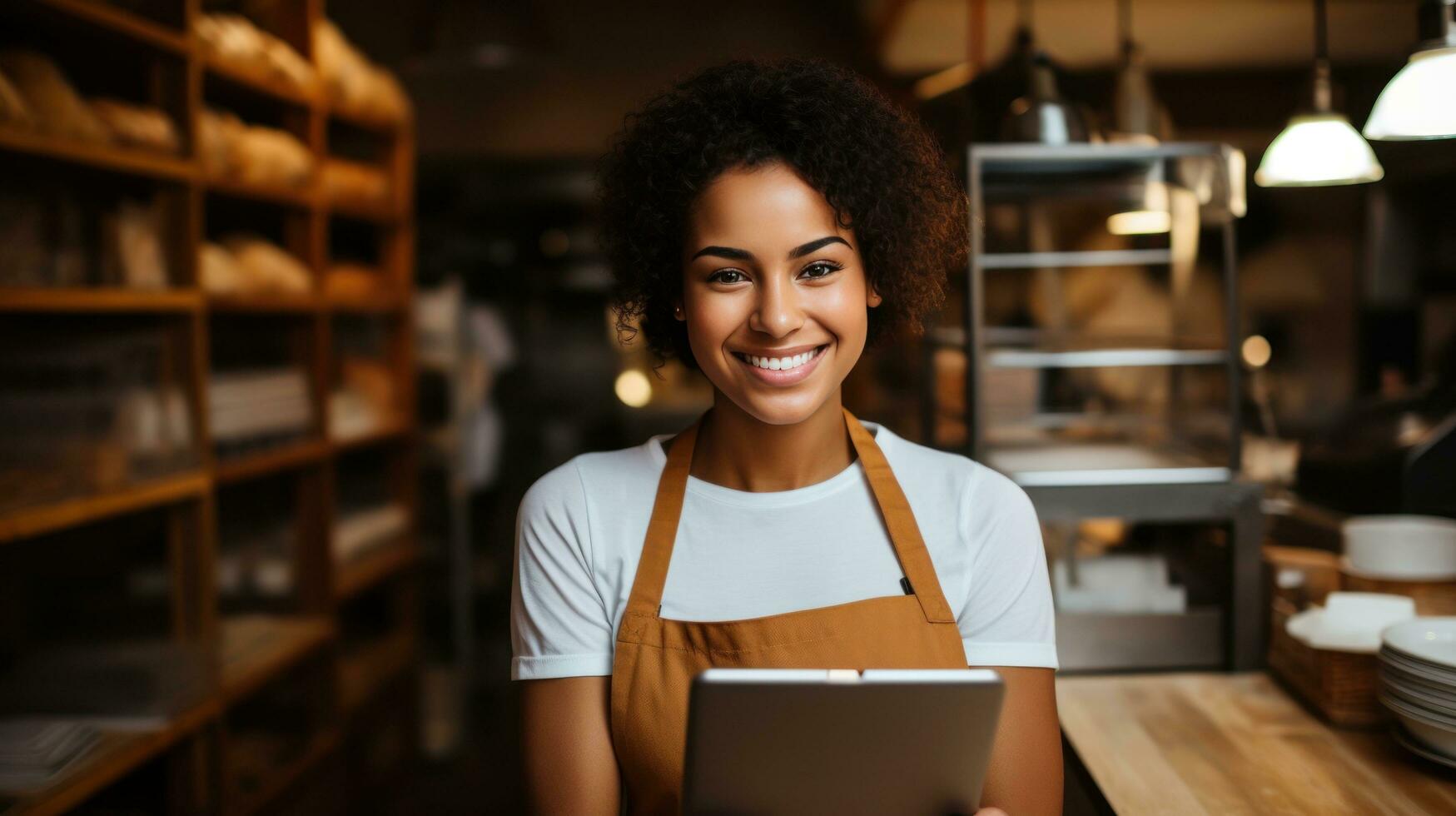 Smiling female entrepreneur holding tablet in her coffee photo