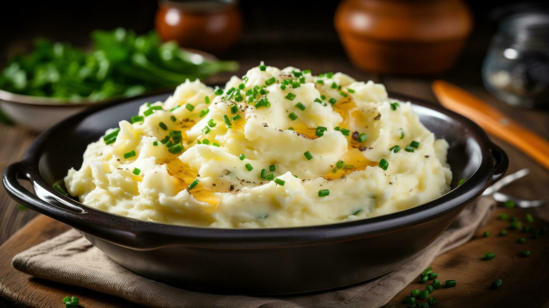 Creamy mashed potatoes with melted butter and chives photo